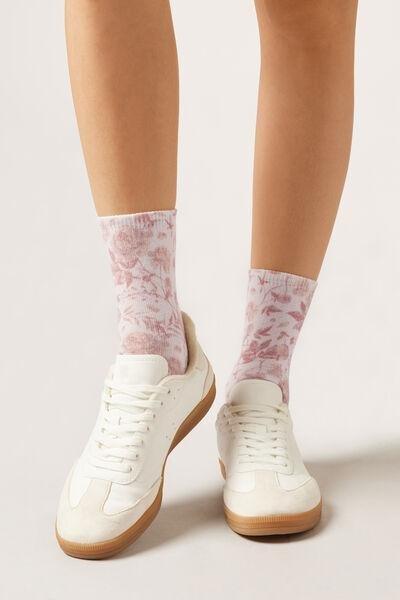 Pink Floral Print Cotton Socks, 5501_329D, large image number 0