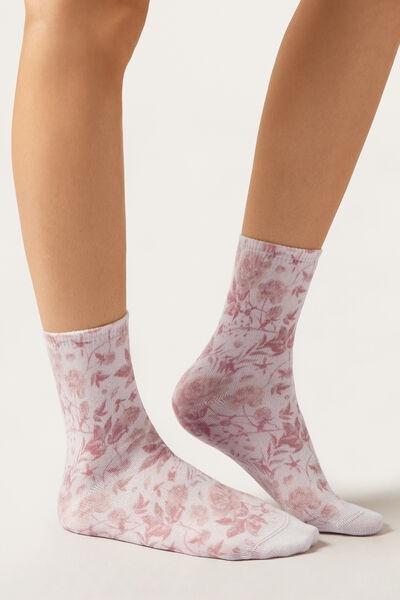 Pink Floral Print Cotton Socks, 5501_329D, large image number 1