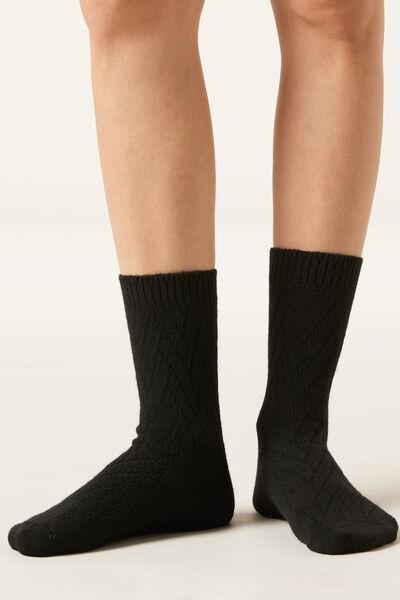 Black Patterned Short Cashmere Socks, 5501_203D, large image number 0