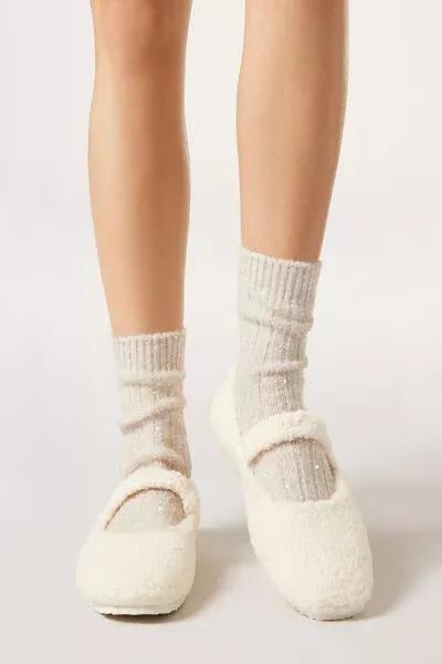 White Micro Sequinned Short Socks, 5501_490D, large image number 1