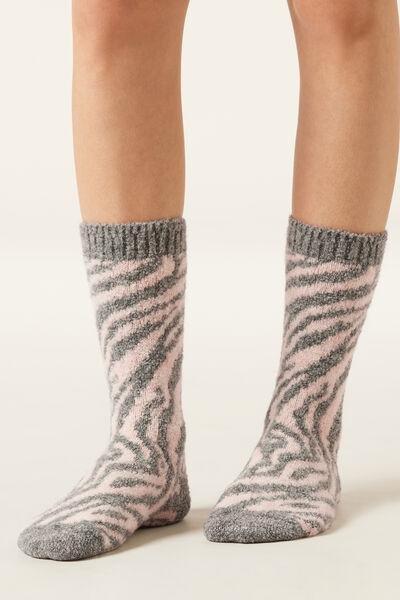 Grey Socks With Teddy Effect And Zebra Print, 5501_492D, large image number 0