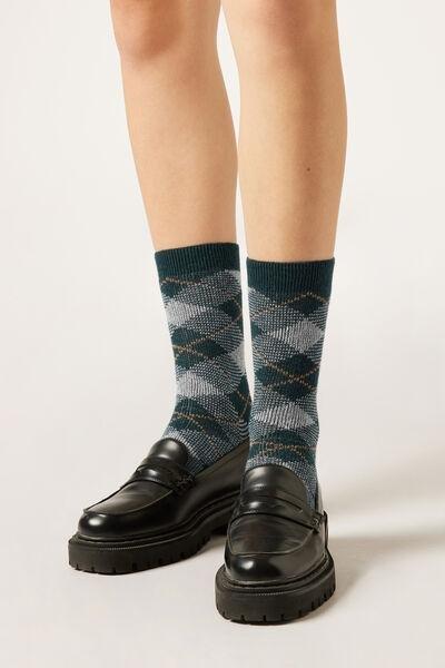 Green Tartan Cashmere Short Socks, 5501_512D, large image number 0