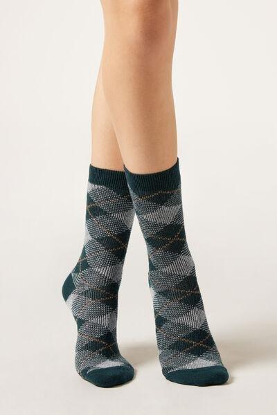 Green Tartan Cashmere Short Socks, 5501_512D, large image number 1