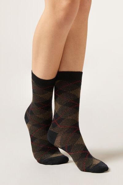 Navy Tartan Cashmere Short Socks, 5501_513D, large image number 0