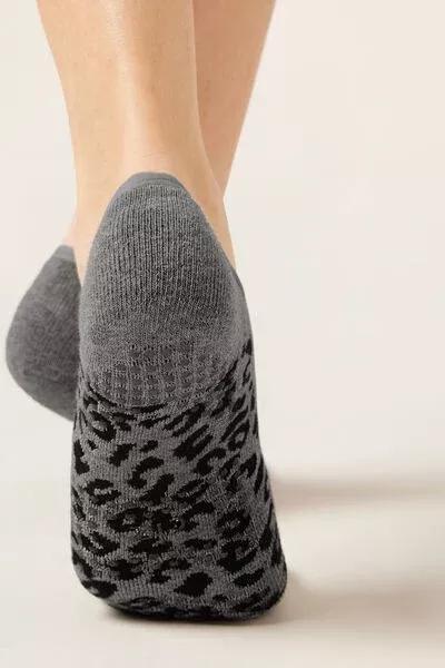 Grey Animal Print Non-Slip Cotton Pilates Socks, 5501_672D, large image number 3
