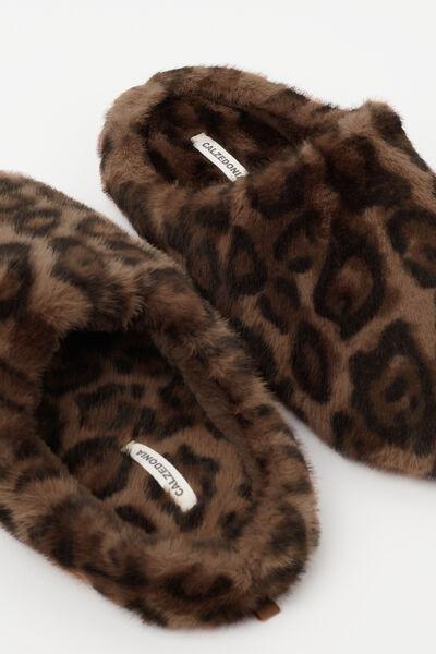 Brown Animal Print Faux-Fur Slippers, 5501_538D, large image number 1