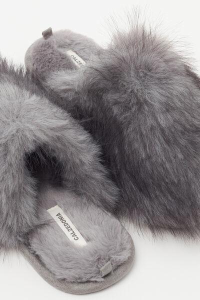 Grey Fluffy Faux-Fur Slippers, 5501_539D, large image number 1