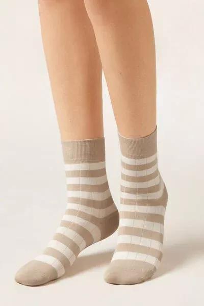 Beige Striped Cotton Socks, 5501_172D, large image number 0