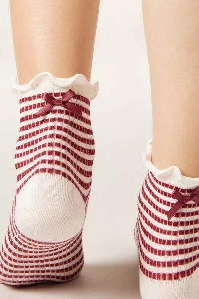 Cream/Red Striped Bow Detail Socks, 5501_658D, large image number 0