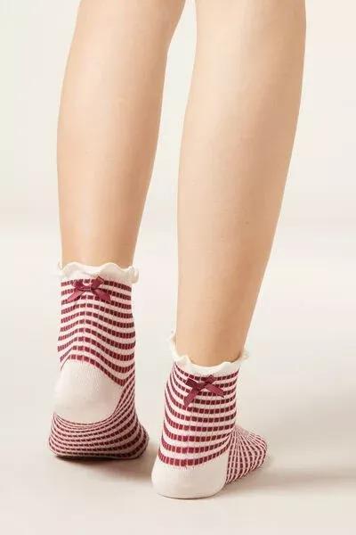 Cream/Red Striped Bow Detail Socks, 5501_658D, large image number 1