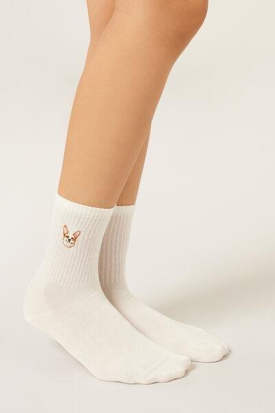 White Embroidered Cotton Socks, 5501_664D, medium