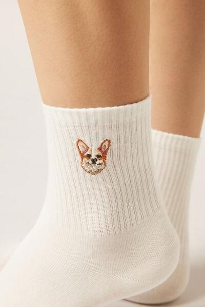 White Embroidered Cotton Socks, 5501_664D, medium