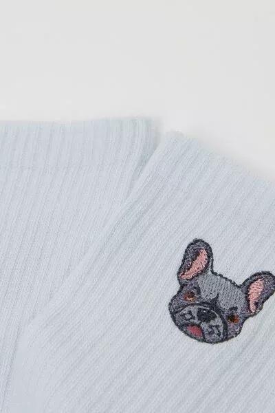 Blue Embroidered Cotton Socks, 5501_665D, medium