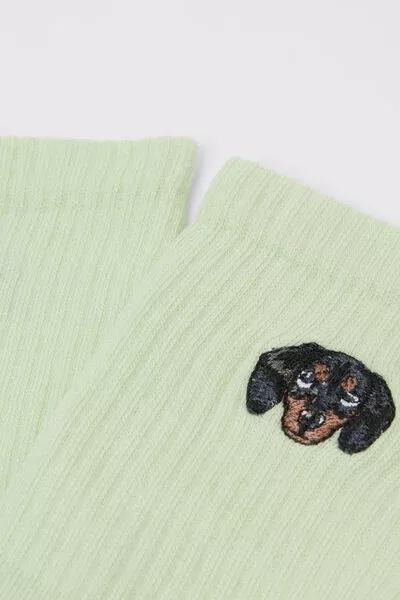 Green Embroidered Cotton Socks, 5501_666D, medium