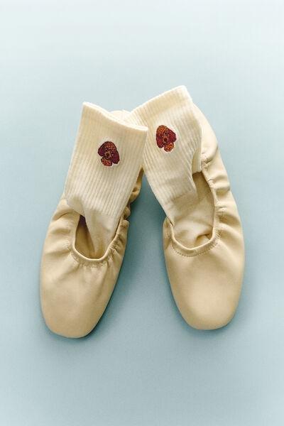 Yellow Embroidered Cotton Socks, 5501_667D, large image number 0