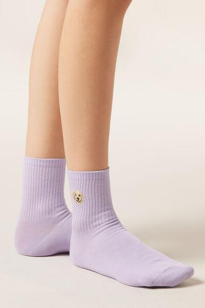 Lilac Embroidered Cotton Socks, 5501_668D, large image number 0