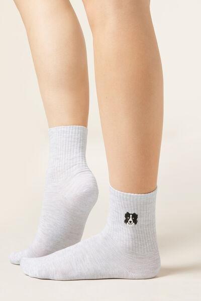 Grey Embroidered Cotton Socks, 5501_669D, large image number 0