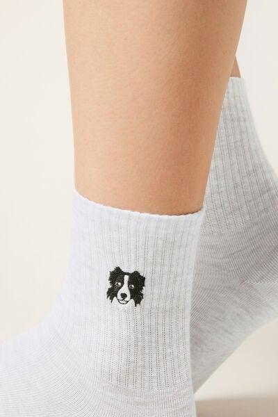 Grey Embroidered Cotton Socks, 5501_669D, large image number 2