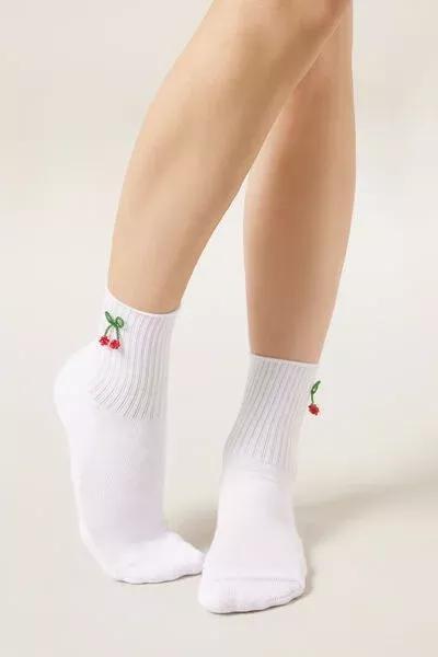 White Cherry Applique Cotton Socks, 5501_671D, medium
