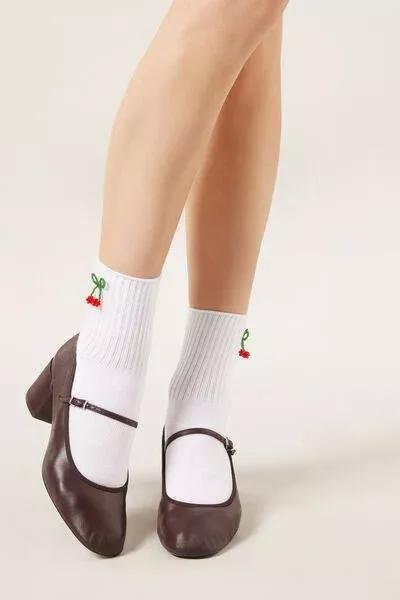 White Cherry Applique Cotton Socks, 5501_671D, large image number 1