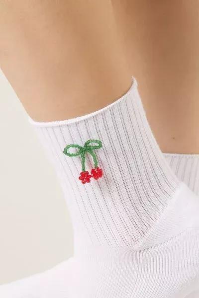 White Cherry Applique Cotton Socks, 5501_671D, large image number 3