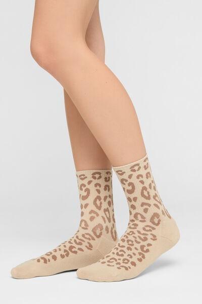 Beige Patterned Short Cotton Socks, 5501_450D, medium