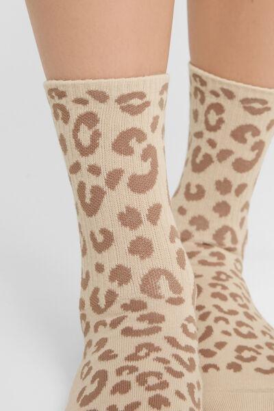 Beige Patterned Short Cotton Socks, 5501_450D, medium