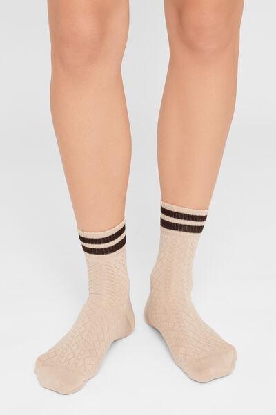 Beige Patterned Short Cotton Socks, 5501_713D, large image number 0