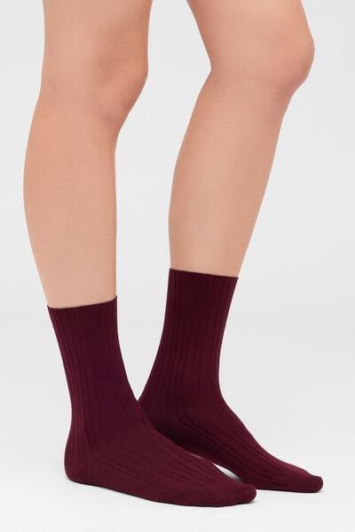 Burgundy Irregular Ribbed Cotton Socks, 5501_882D, large image number 0