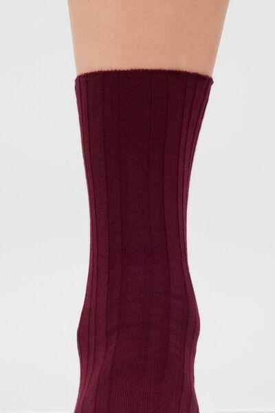 Burgundy Irregular Ribbed Cotton Socks, 5501_882D, large image number 1