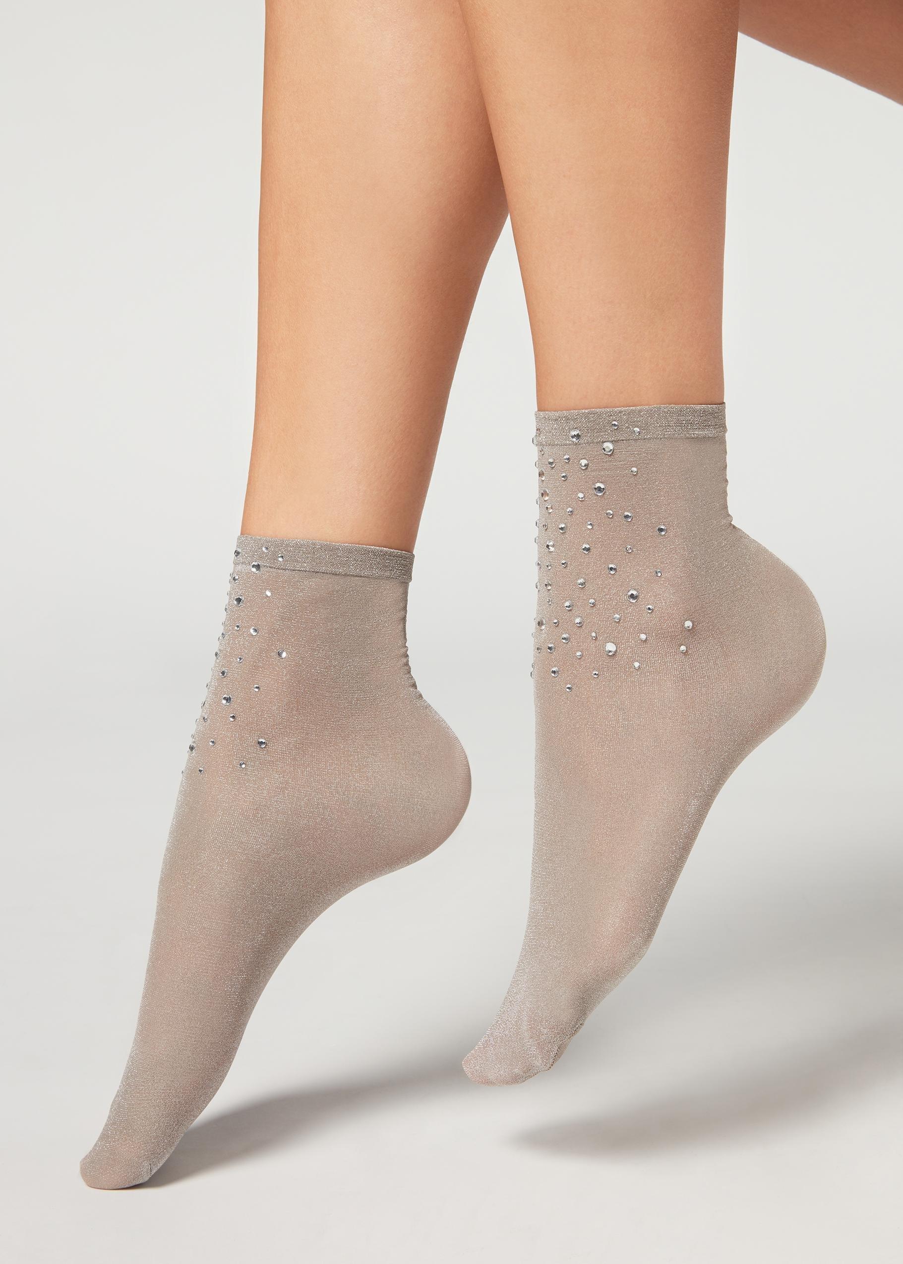Grey Glitter And Rhinestone Fancy Socks With Applique Rhinestone Details, Women - One-Size, , large image number 0
