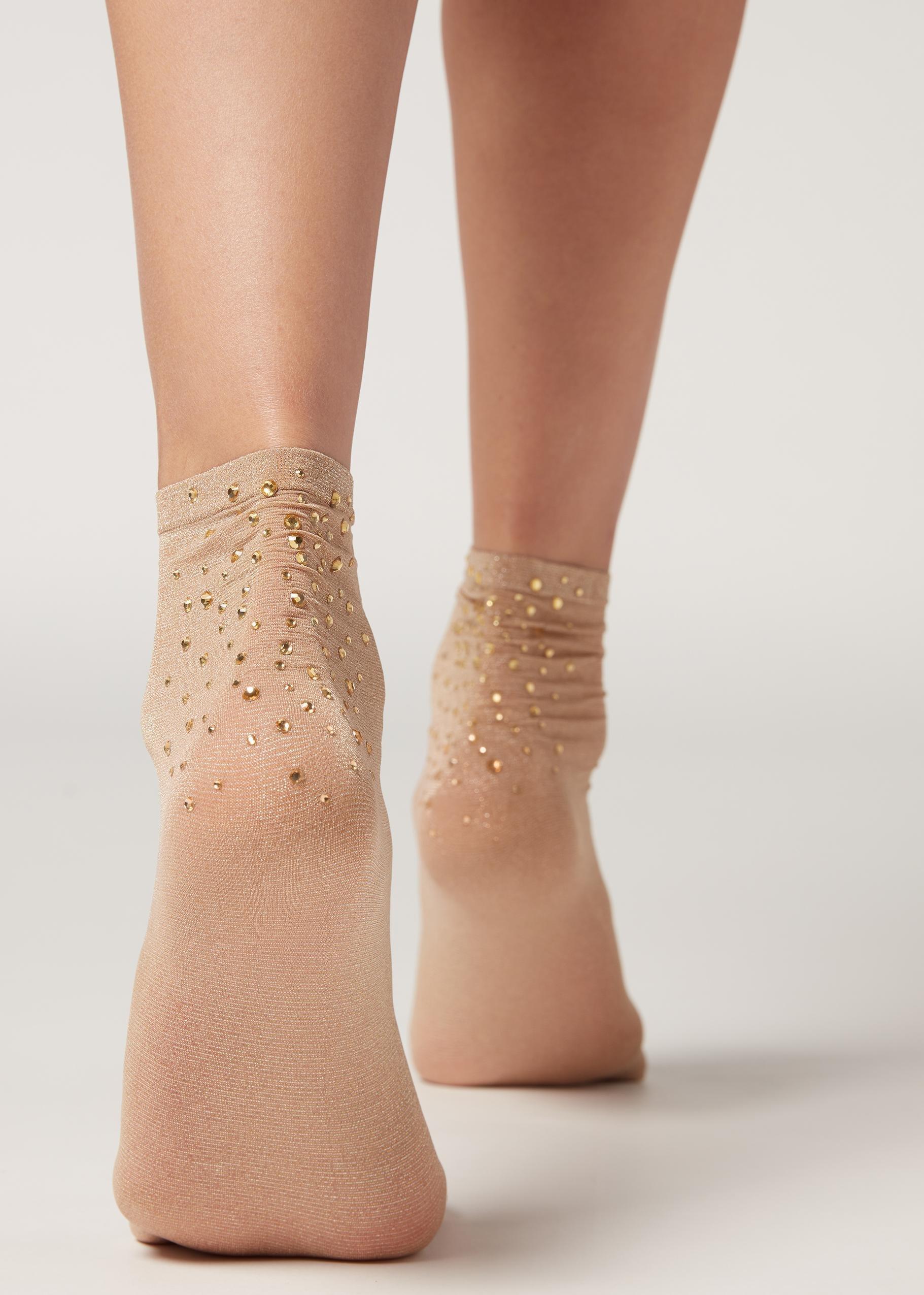 Gold Beige Glitter Rhinestone Fancy Socks With Applique Rhinestone Details, Women - One-Size, , large image number 0