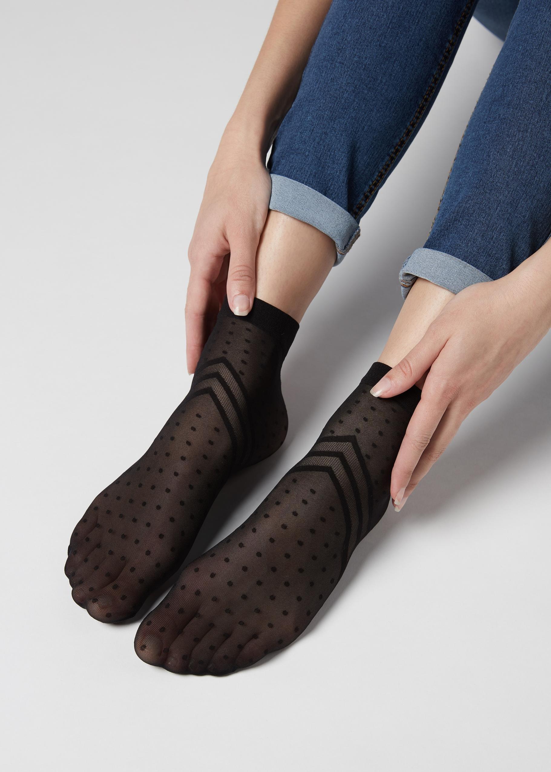 Black Chevron Polka Dots Patterned Sheer Socks, Women - One-Size, , large image number 1