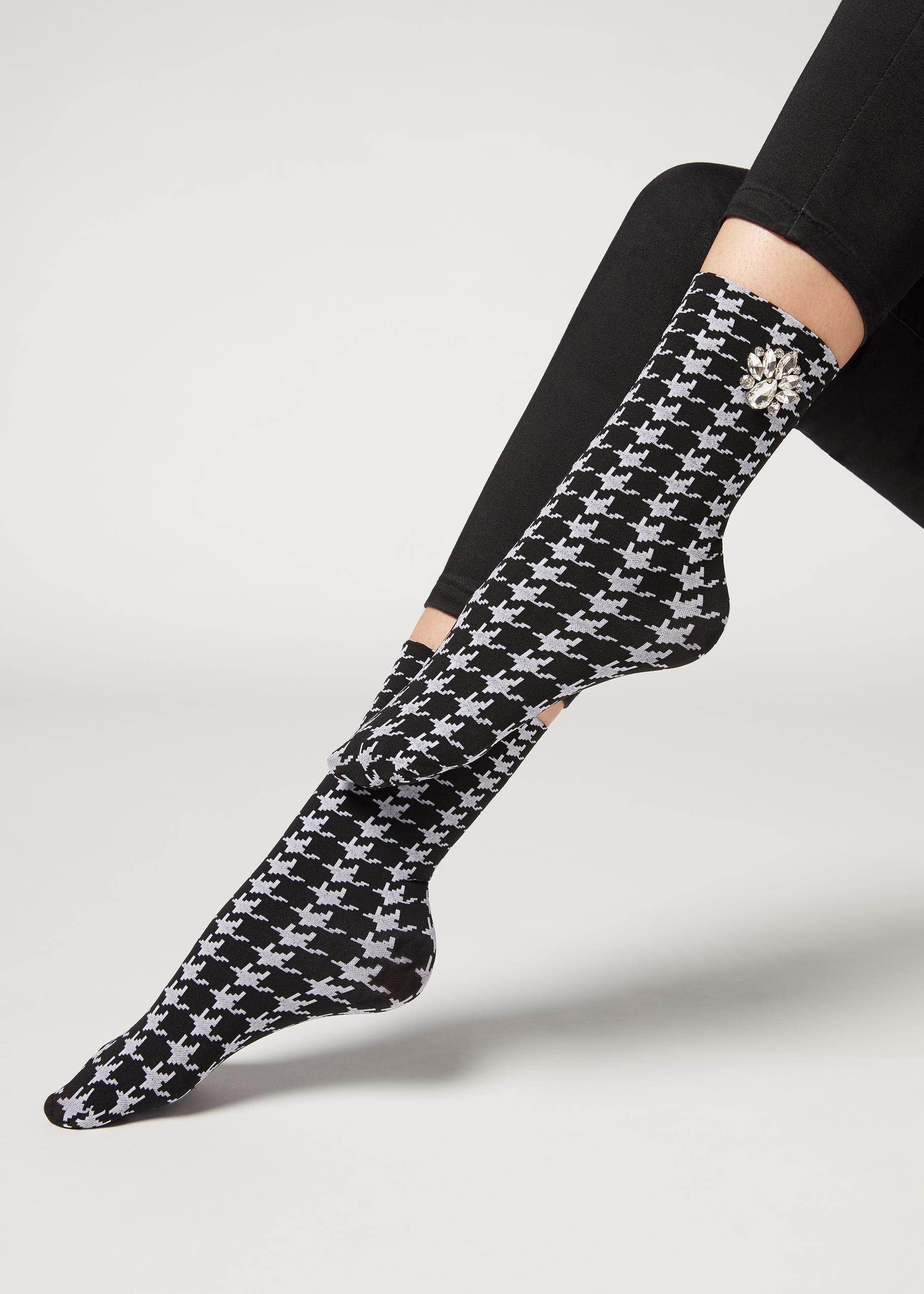 Black And Stone Houndstooth Opaque Socks With Pretty Applique Details, Women - One-Size, , large image number 0