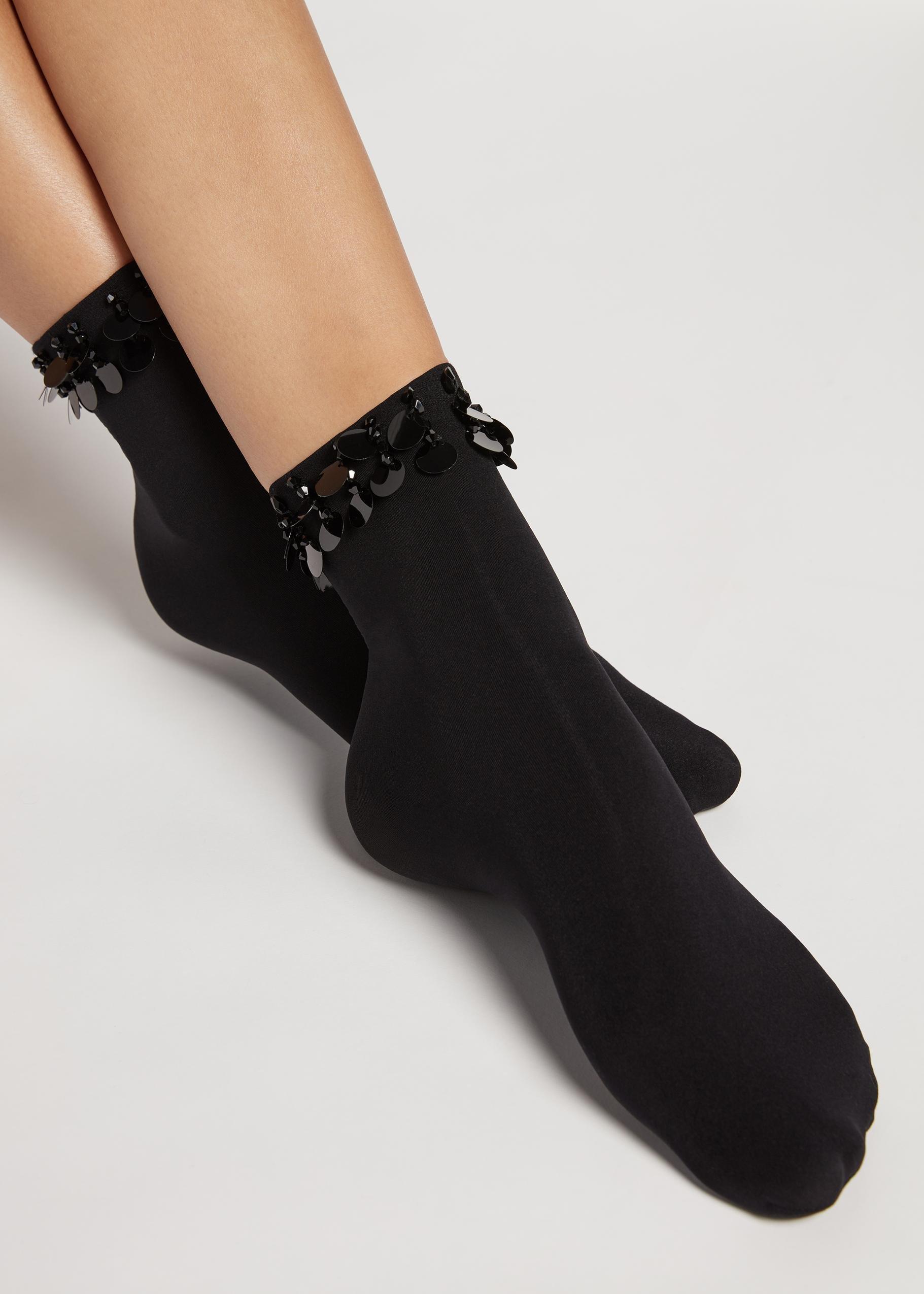 Black Sequins Sheer Socks With Pretty Applique Details, Women - One-Size, , large image number 0
