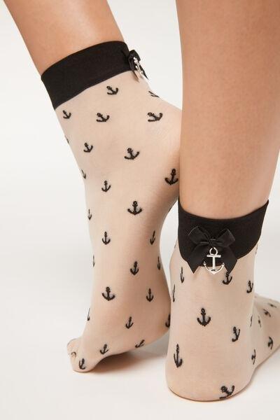 Ecru 15 Denier Patterned Sheer Ankle Socks, , large image number 0