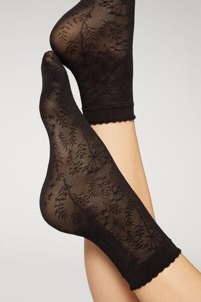 Black Floral-Patterned Mesh Short Socks, Black Flowers, large image number 0