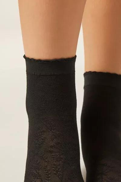 Black Floral-Patterned Mesh Short Socks, Black Flowers, large image number 2