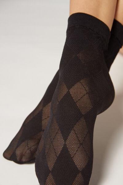 Black Diamond-Patterned Mesh Short Socks, , large image number 0