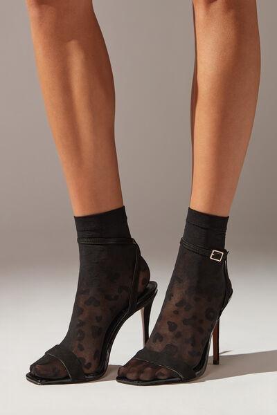 Black Animal Print Sheer Short Socks, 5501_5270, large image number 0