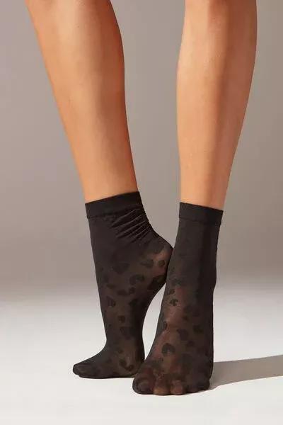 BLACK ANIMAL PRINT Animal Print Sheer Short Socks, 5501_5270, large image number 0