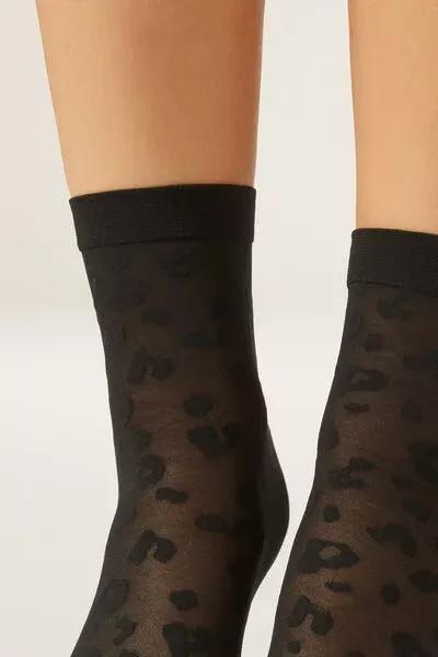BLACK ANIMAL PRINT Animal Print Sheer Short Socks, 5501_5270, large image number 3