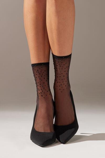 Black Sheer Short Socks With Diamante, 5501_5311, large image number 0