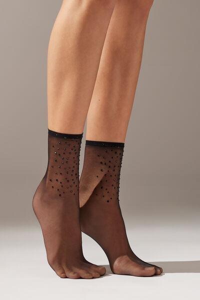 Black Sheer Short Socks With Diamante, 5501_5311, large image number 1