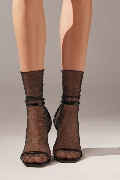 Black Glitter Fabric Short Socks, Black Glitter, large image number 0