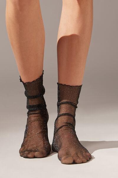 Black Glitter Fabric Short Socks, Black Glitter, large image number 1