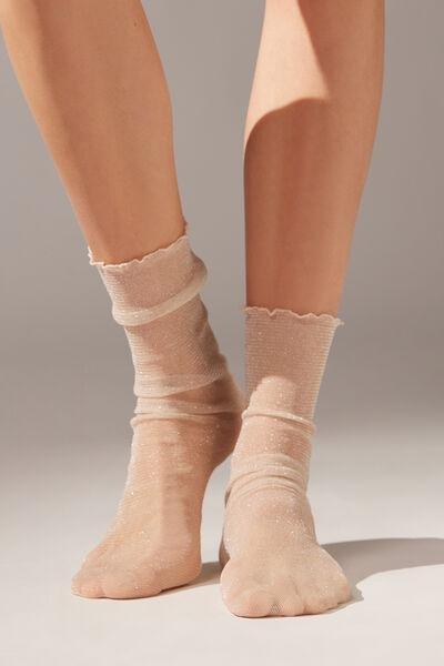 Beige Glitter Fabric Short Socks, 5501_5372, large image number 1