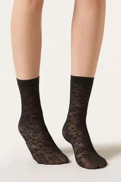 50 Denier Floral Pattern Socks, Black, 5501_4268, large image number 0