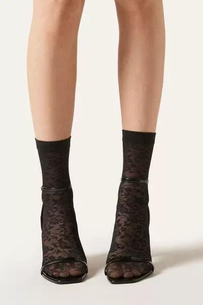 50 Denier Floral Pattern Socks, Black, 5501_4268, large image number 1