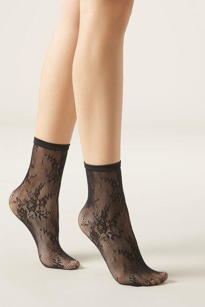 Black Floral Pattern Socks, Black Fishnet Flowers, large image number 0